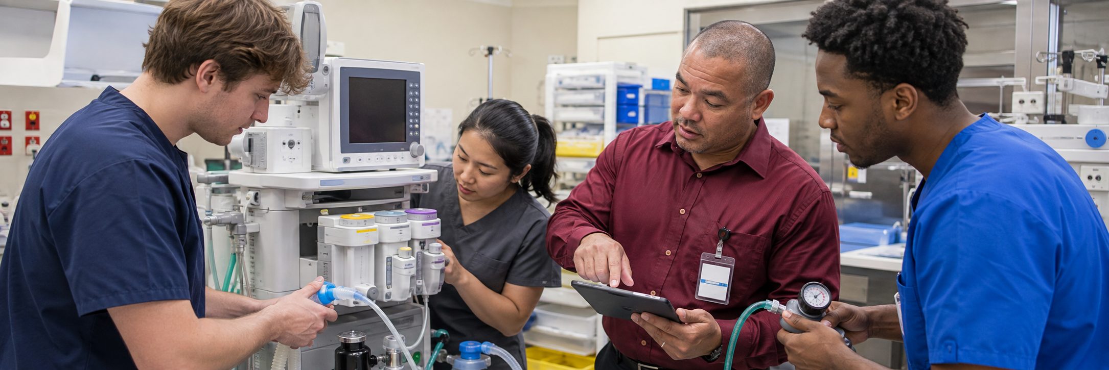 Anesthesia machine preventive maintenance | BiomedRx HTM services Biomedical equipment technicians performing anesthesia machine preventive maintenance