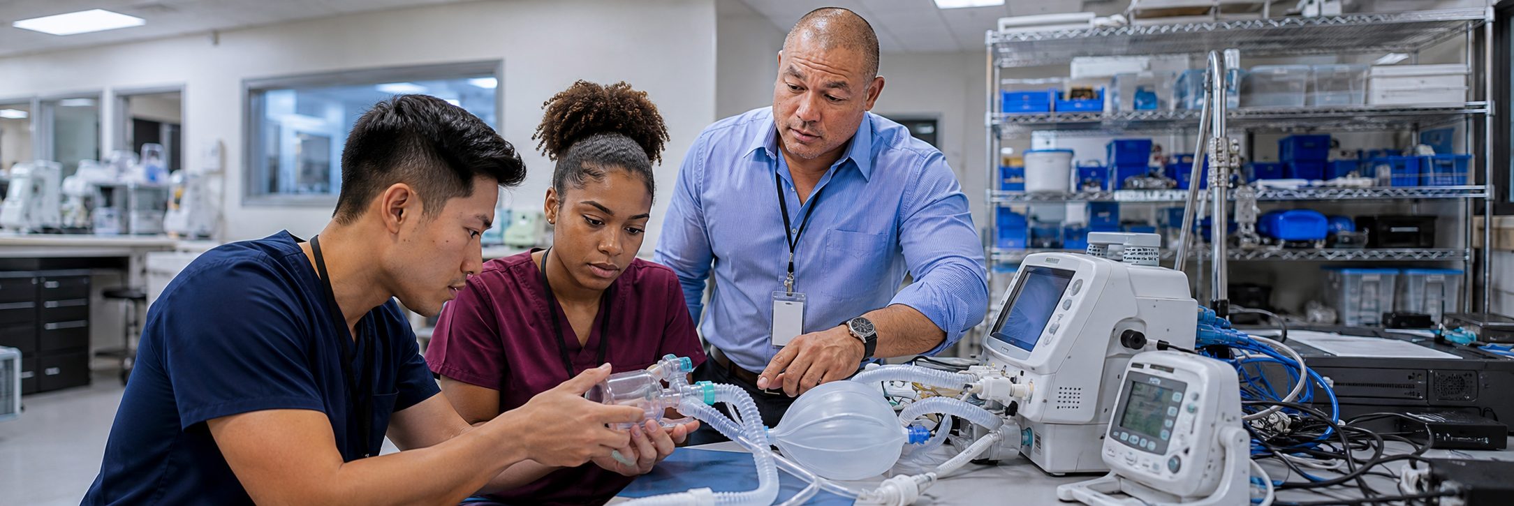 Anesthesia machine service training for biomedical technicians | BiomedRx Biomedical equipment technicians training on anesthesia machine service procedures