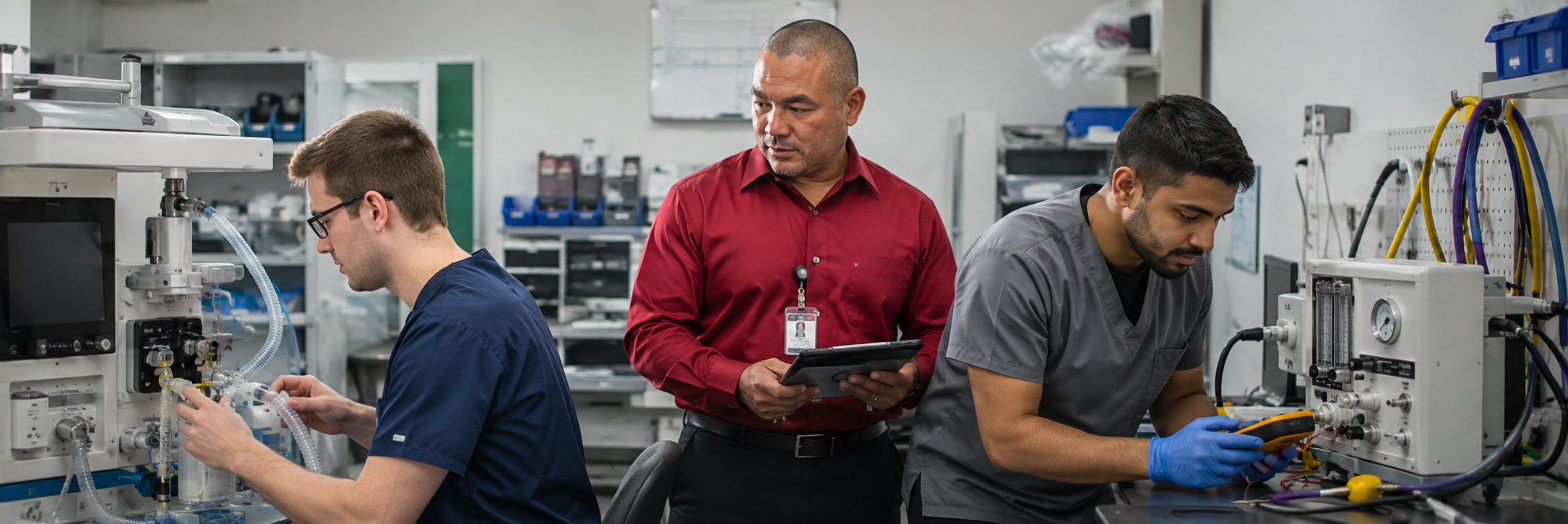 Biomedical equipment repair and bench calibration | BiomedRx HTM services Biomedical equipment repair shop bench calibration with an electrical safety analyzer