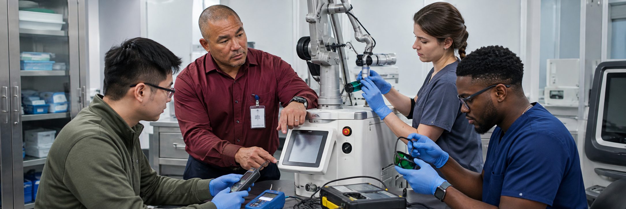 Biomedical equipment repair and bench calibration | BiomedRx HTM services Biomedical equipment repair shop bench calibration with an electrical safety analyzer