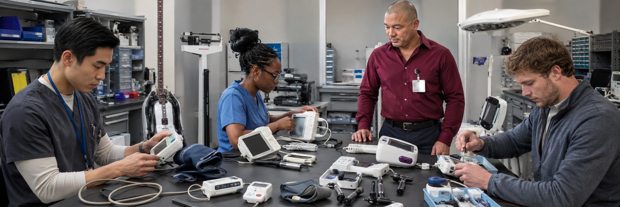 Biomedical equipment repair and bench calibration | BiomedRx HTM services Biomedical equipment repair shop bench calibration with an electrical safety analyzer