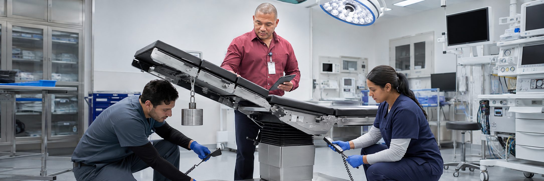 Biomedical equipment repair and bench calibration | BiomedRx HTM services Biomedical equipment repair shop bench calibration with an electrical safety analyzer