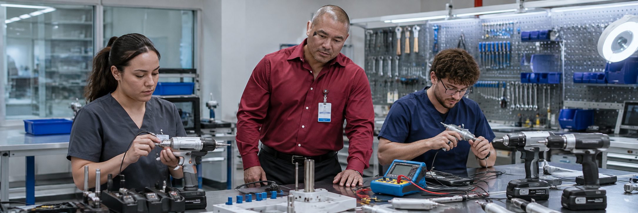 Biomedical equipment repair and bench calibration | BiomedRx HTM services Biomedical equipment repair shop bench calibration with an electrical safety analyzer