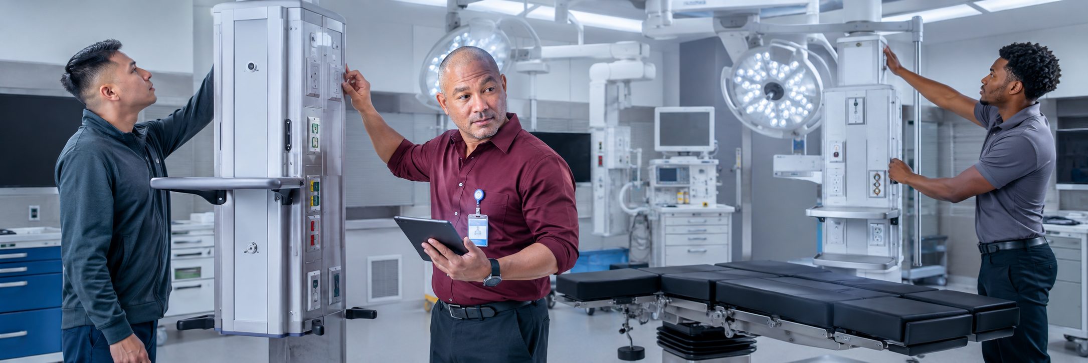 Biomedical equipment repair and bench calibration | BiomedRx HTM services Biomedical equipment repair shop bench calibration with an electrical safety analyzer