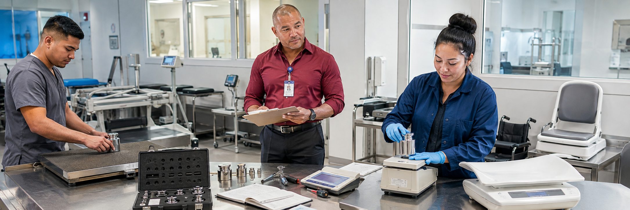 Biomedical equipment repair and bench calibration | BiomedRx HTM services Biomedical equipment repair shop bench calibration with an electrical safety analyzer