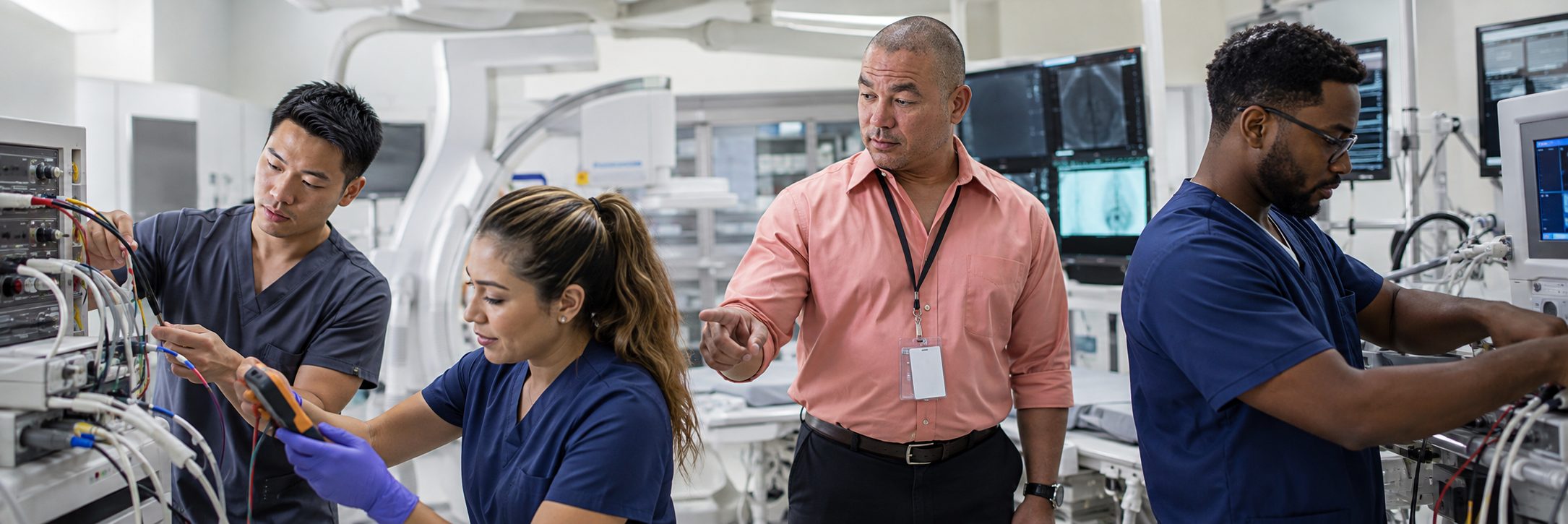 Cath lab imaging equipment service and C-arm maintenance | BiomedRx Medical imaging equipment service on a cath lab C-arm and patient monitoring system