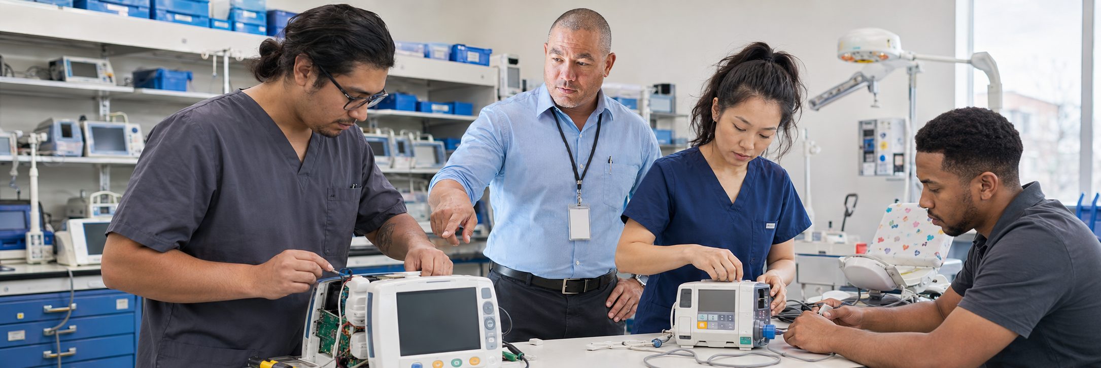 Infusion pump preventive maintenance and calibration | BiomedRx HTM services Biomedical technicians performing infusion pump preventive maintenance in an infusion suite