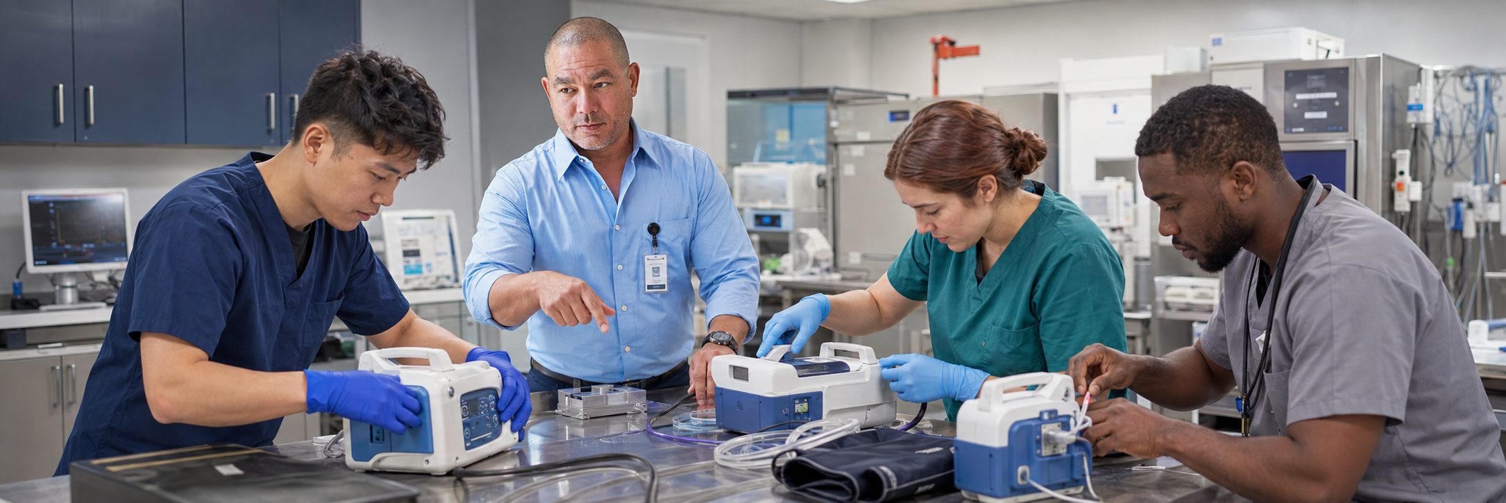 Infusion pump preventive maintenance and calibration | BiomedRx HTM services Biomedical technicians performing infusion pump preventive maintenance in an infusion suite