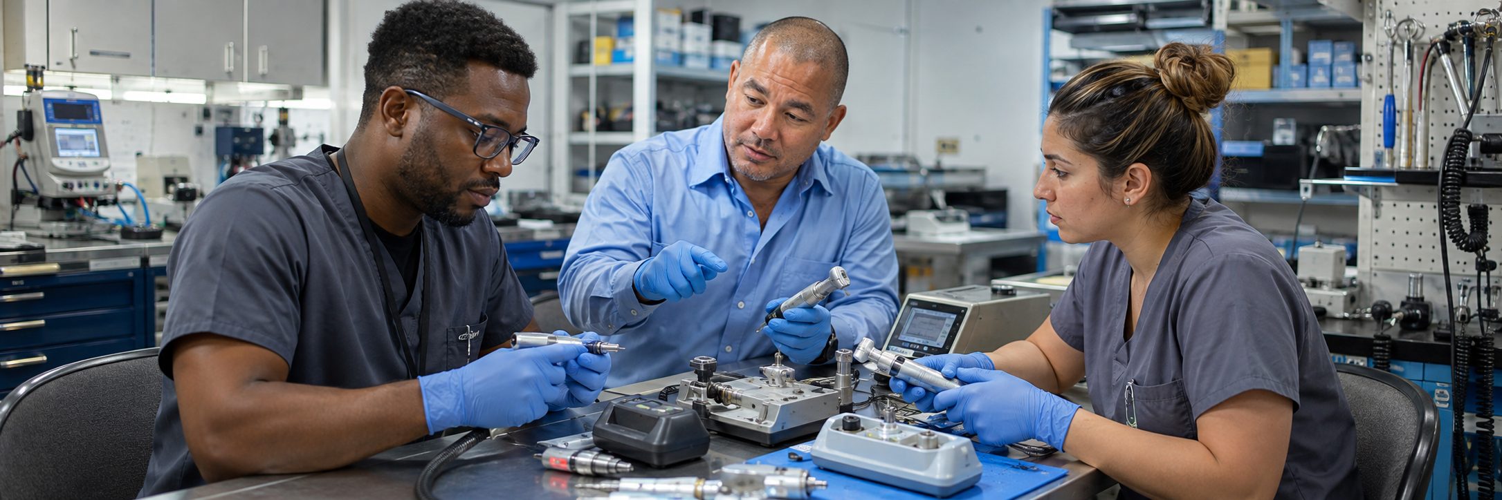 Infusion pump preventive maintenance and calibration | BiomedRx HTM services Biomedical technicians performing infusion pump preventive maintenance in an infusion suite