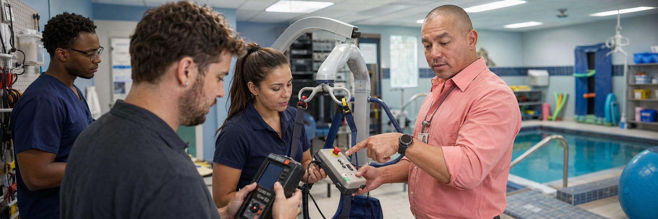 Infusion pump preventive maintenance and calibration | BiomedRx HTM services Biomedical technicians performing infusion pump preventive maintenance in an infusion suite