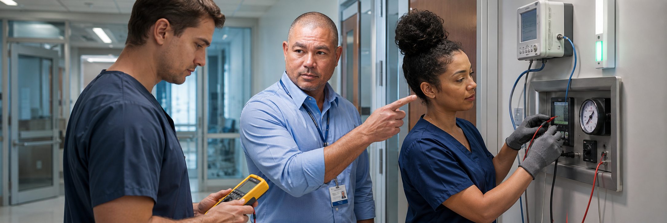 Infusion pump preventive maintenance and calibration | BiomedRx HTM services Biomedical technicians performing infusion pump preventive maintenance in an infusion suite