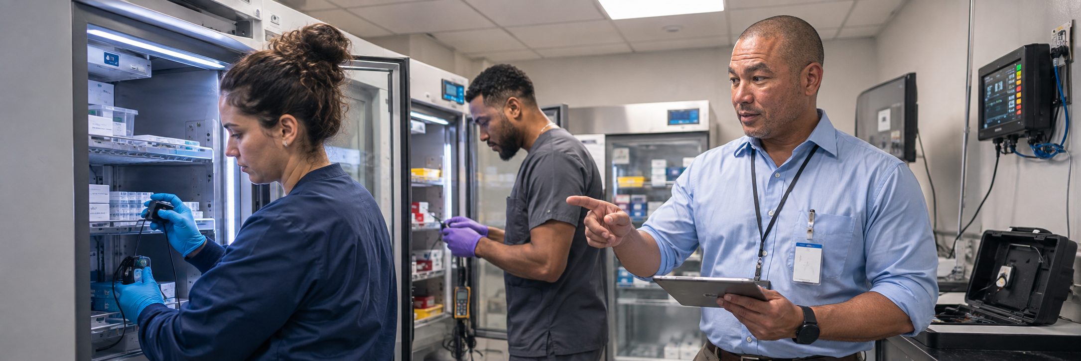 Infusion pump preventive maintenance and calibration | BiomedRx HTM services Biomedical technicians performing infusion pump preventive maintenance in an infusion suite