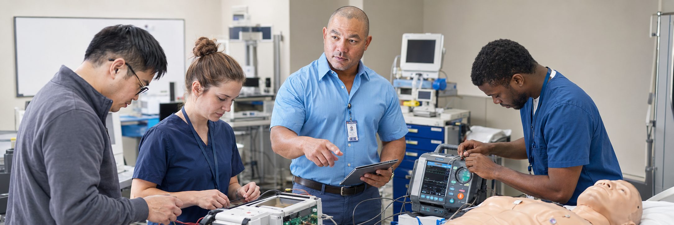 Infusion pump preventive maintenance and calibration | BiomedRx HTM services Biomedical technicians performing infusion pump preventive maintenance in an infusion suite