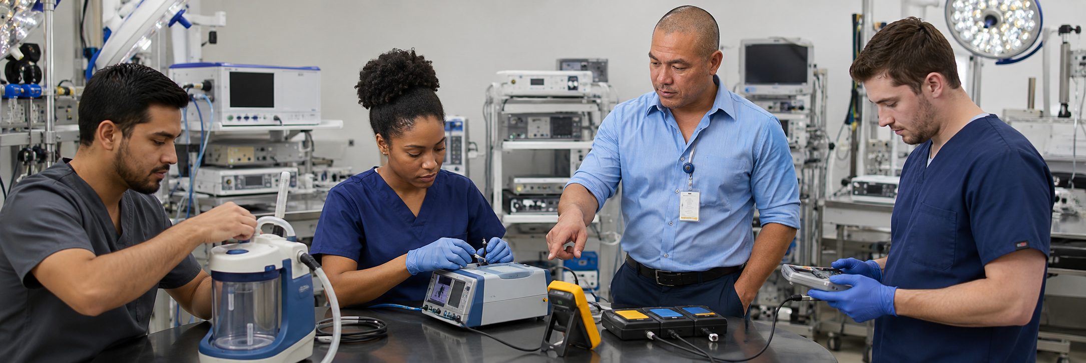 Infusion pump preventive maintenance and calibration | BiomedRx HTM services Biomedical technicians performing infusion pump preventive maintenance in an infusion suite