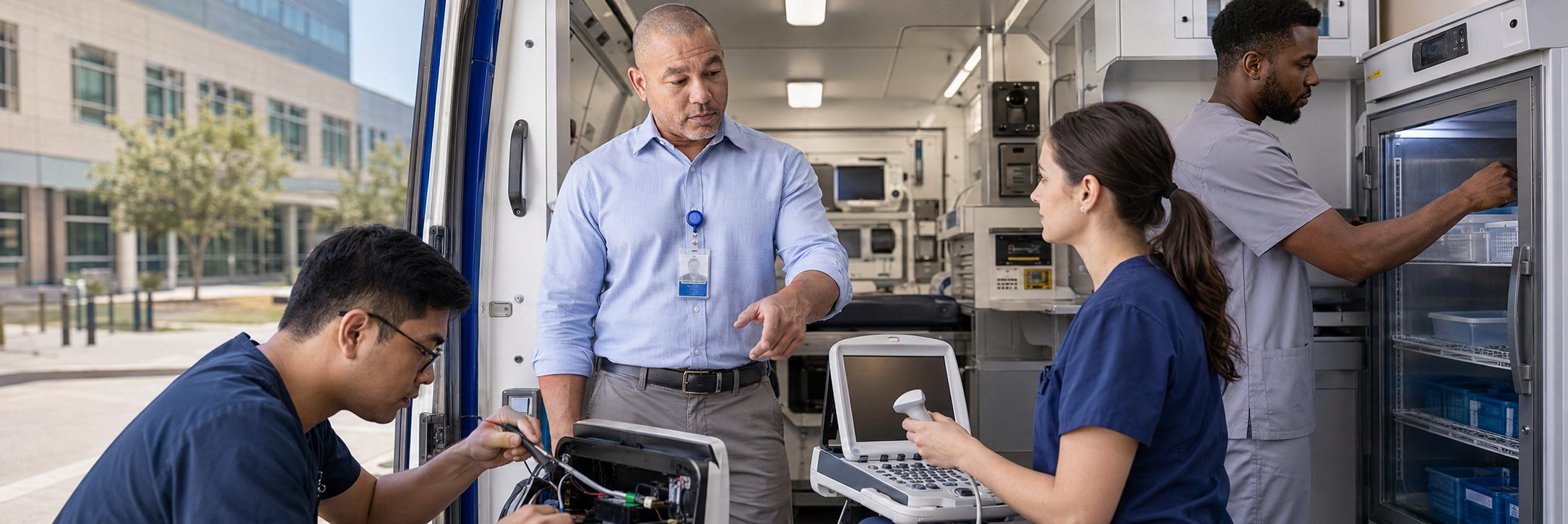 Infusion pump preventive maintenance and calibration | BiomedRx HTM services Biomedical technicians performing infusion pump preventive maintenance in an infusion suite