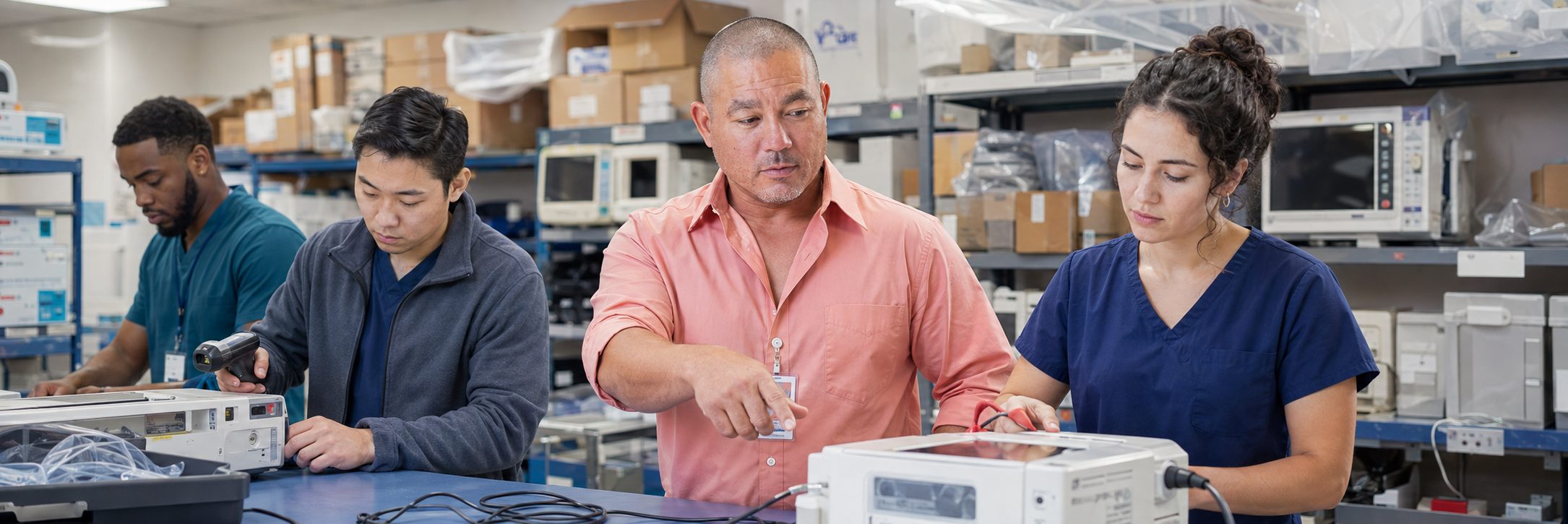 Infusion pump preventive maintenance and calibration | BiomedRx HTM services Biomedical technicians performing infusion pump preventive maintenance in an infusion suite