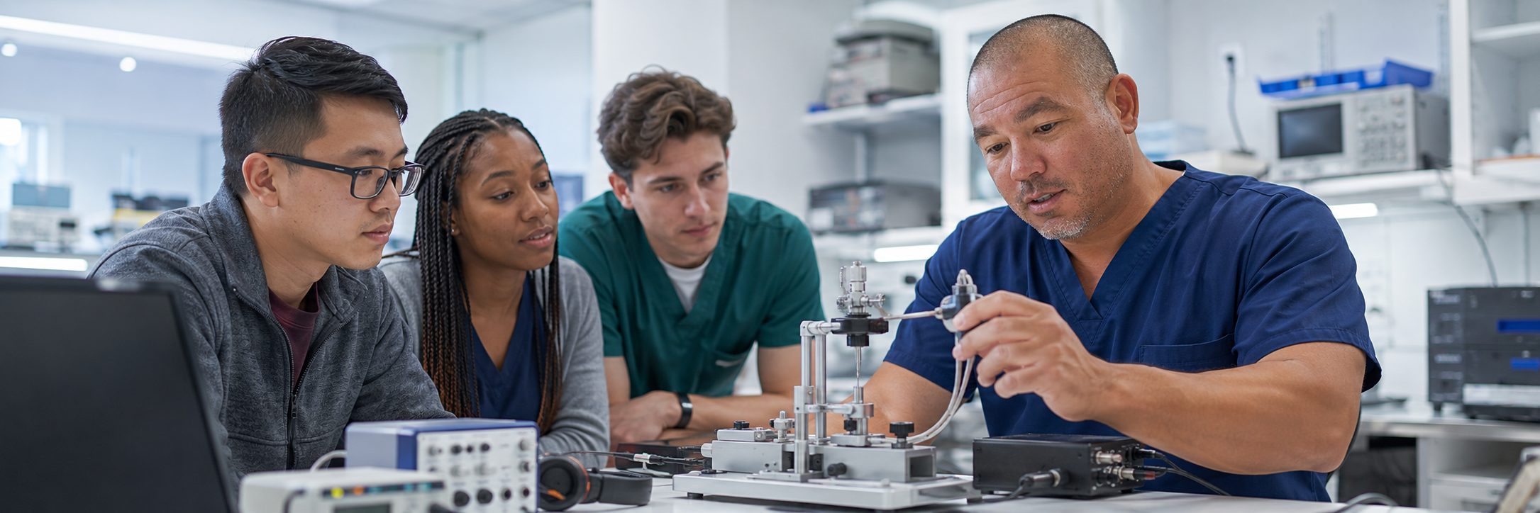 Laboratory instrument calibration and verification | BiomedRx HTM services Laboratory instrument calibration on a precision test bench with an oscilloscope