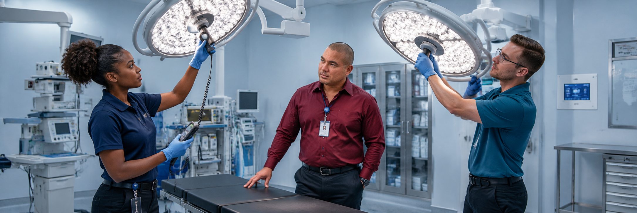 Operating room surgical light inspection and service | BiomedRx HTM services HTM technicians inspecting operating room surgical lights during scheduled service