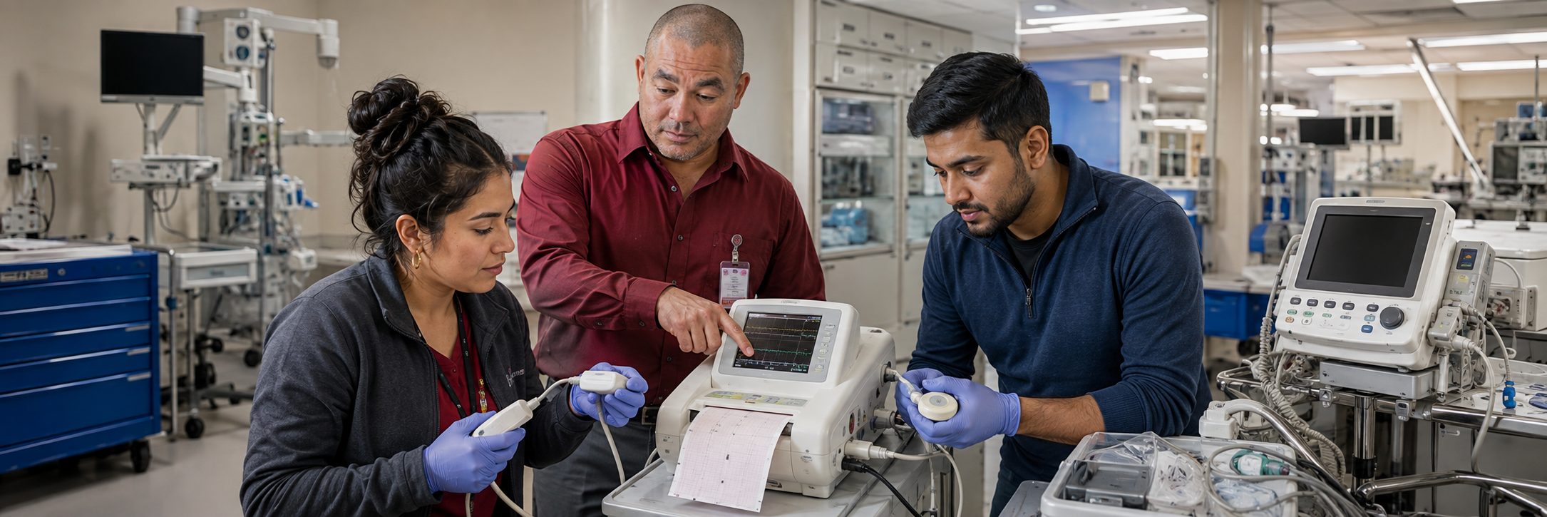 Operating room surgical light inspection and service | BiomedRx HTM services HTM technicians inspecting operating room surgical lights during scheduled service