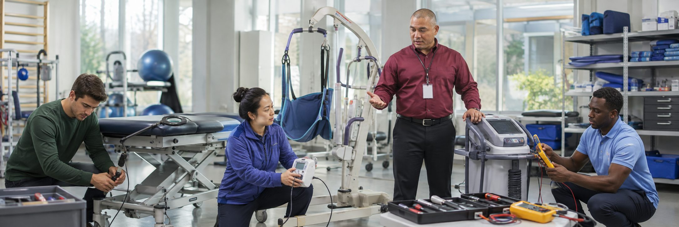 Operating room surgical light inspection and service | BiomedRx HTM services HTM technicians inspecting operating room surgical lights during scheduled service