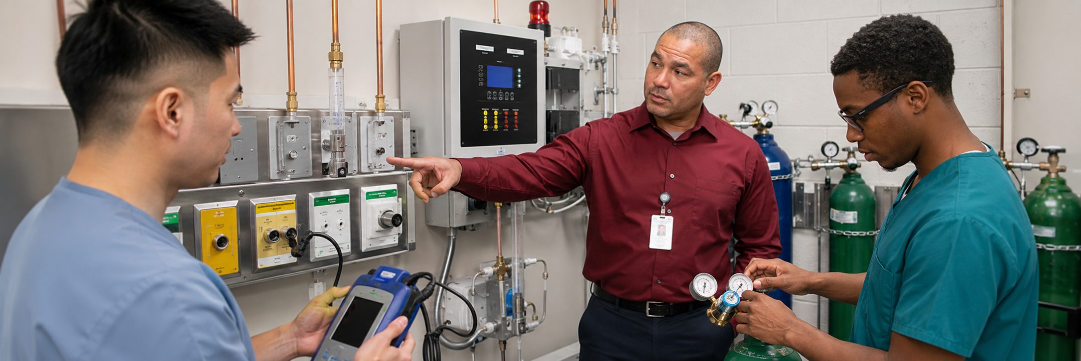 Operating room surgical light inspection and service | BiomedRx HTM services HTM technicians inspecting operating room surgical lights during scheduled service