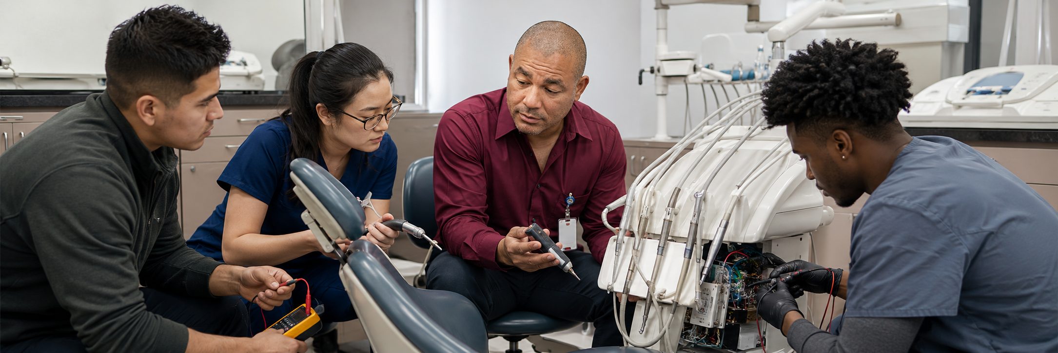 Operating room surgical light inspection and service | BiomedRx HTM services HTM technicians inspecting operating room surgical lights during scheduled service