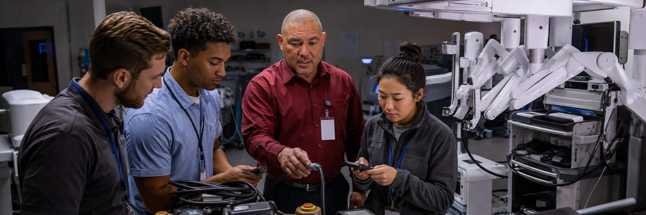 Operating room surgical light inspection and service | BiomedRx HTM services HTM technicians inspecting operating room surgical lights during scheduled service