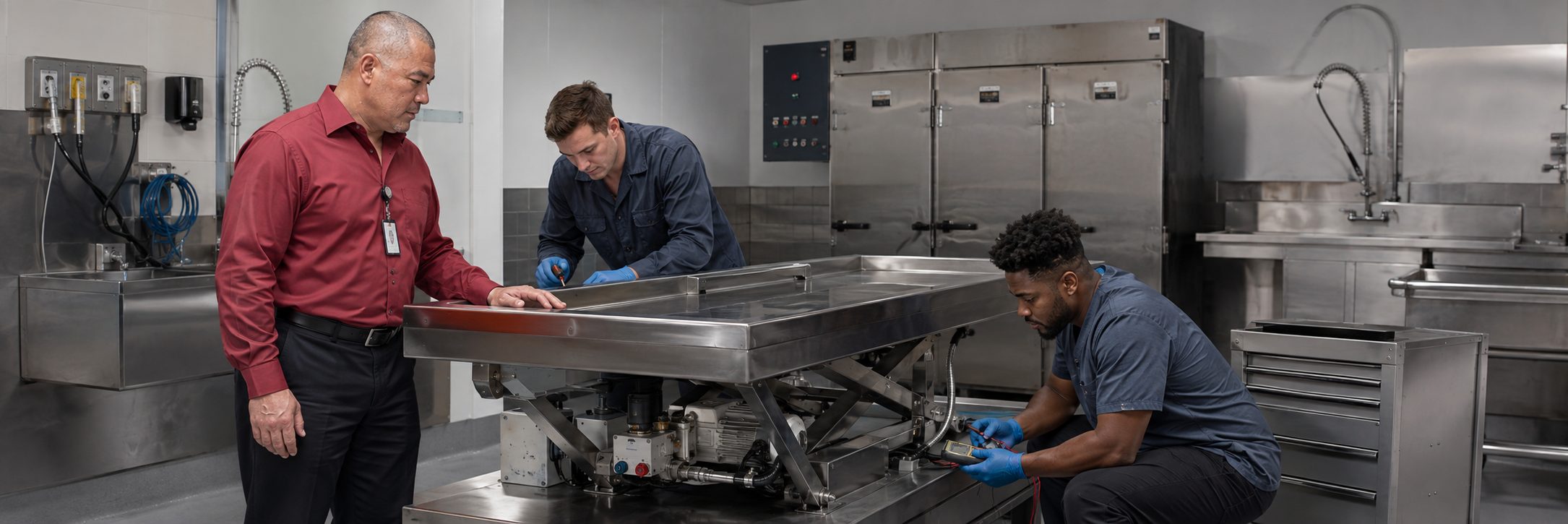 Operating room surgical light inspection and service | BiomedRx HTM services HTM technicians inspecting operating room surgical lights during scheduled service