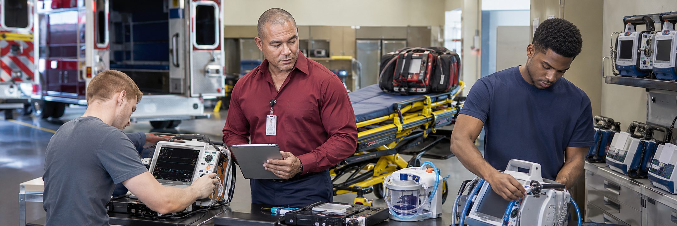Operating room surgical light inspection and service | BiomedRx HTM services HTM technicians inspecting operating room surgical lights during scheduled service