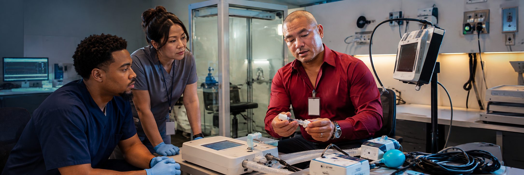 Operating room surgical light inspection and service | BiomedRx HTM services HTM technicians inspecting operating room surgical lights during scheduled service