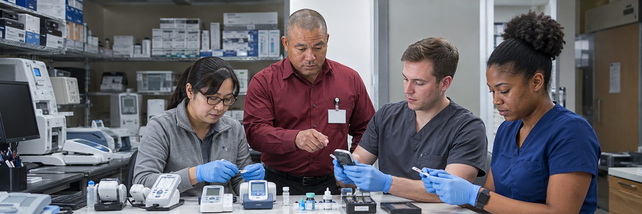 Operating room surgical light inspection and service | BiomedRx HTM services HTM technicians inspecting operating room surgical lights during scheduled service