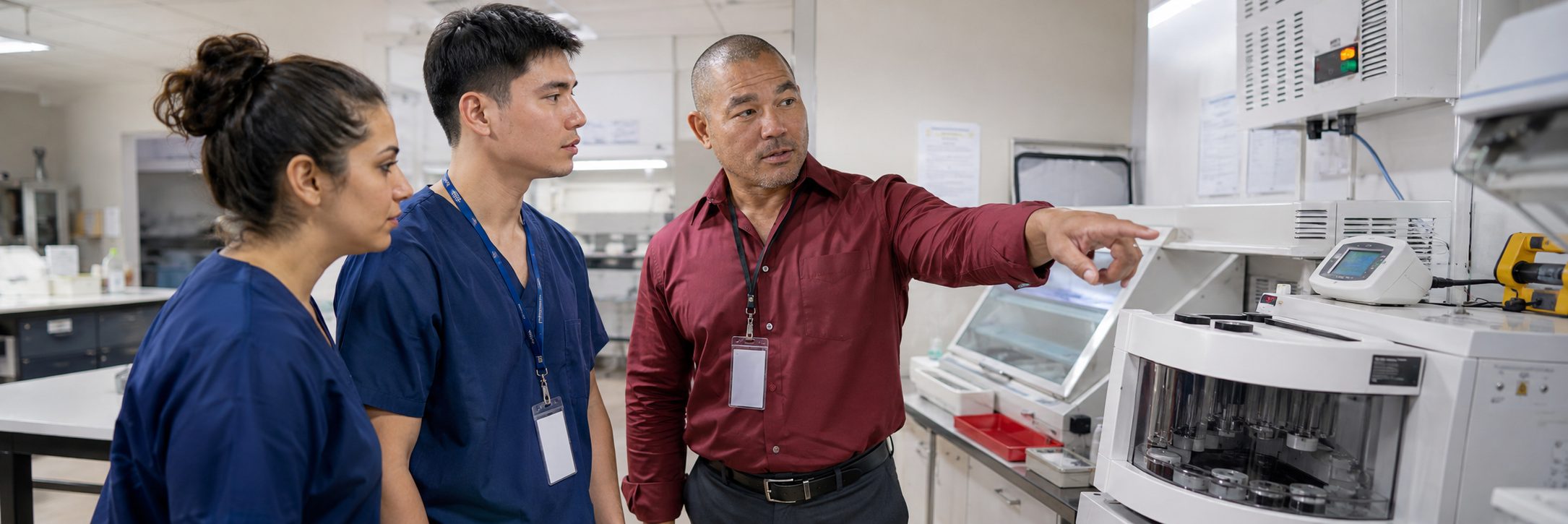 Operating room surgical light inspection and service | BiomedRx HTM services HTM technicians inspecting operating room surgical lights during scheduled service